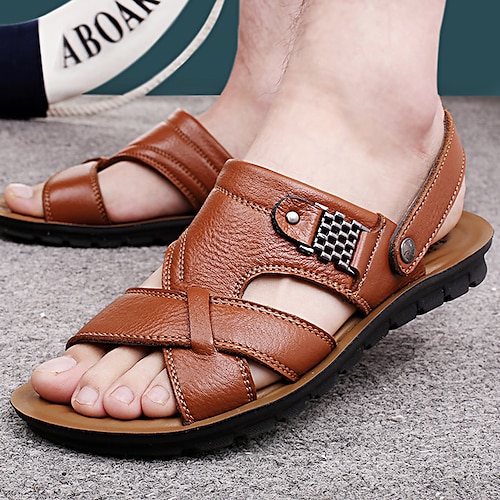 

Men's Sandals Slingback Sandals Casual Home Daily Walking Shoes Nappa Leather Breathable Non-slipping Light Brown Black Brown Fall Summer