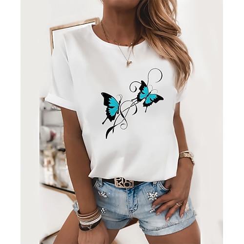 

Women's T shirt Tee White Butterfly Graphic Prints Short Sleeve Daily Round Neck Slim S