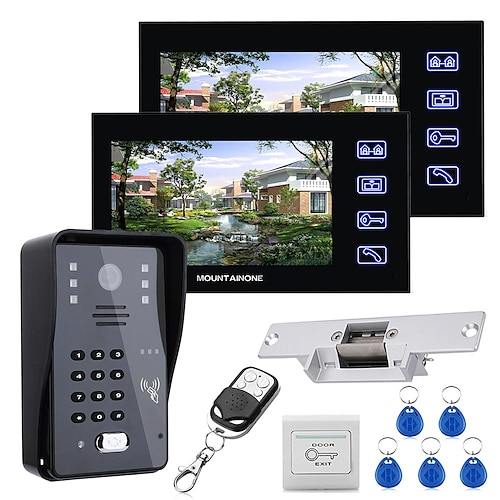 7" Wired RFID Video Door Phone Intercom Doorbell 2 Monitors+Electric Strike Lock 
