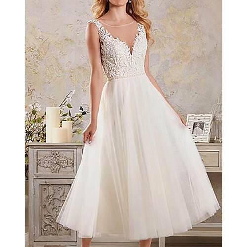 

A-Line Wedding Dresses Jewel Neck Ankle Length Lace Tulle Sleeveless Vintage 1950s with 2022