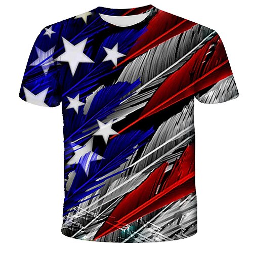 Men's Unisex Tee T shirt Tee Shirt 3D Print Graphic Feather American Flag Independence Day Flag Plus Size Round Neck Daily Holiday Print Short Sleeve Tops Streetwear Exaggerated Green Blue Rainbow