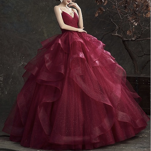 

Ball Gown Glittering Luxurious Quinceanera Engagement Valentine's Day Dress V Neck Sleeveless Floor Length Tulle with Tier 2022