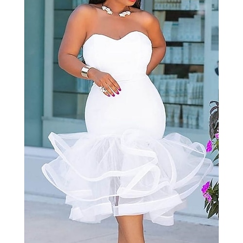 

Mermaid / Trumpet Plus Size Sexy Homecoming Prom Dress Sweetheart Neckline Sleeveless Tea Length Satin with Tier 2022