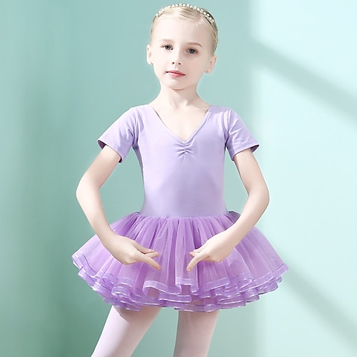 

Ballet Dress Lace Ruching Split Joint Girls' Training Performance Short Sleeve High Spandex Lace