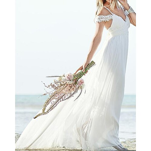

A-Line Wedding Dresses V Neck Sweep / Brush Train Chiffon Lace Sleeveless Beach Backless with Pleats 2022