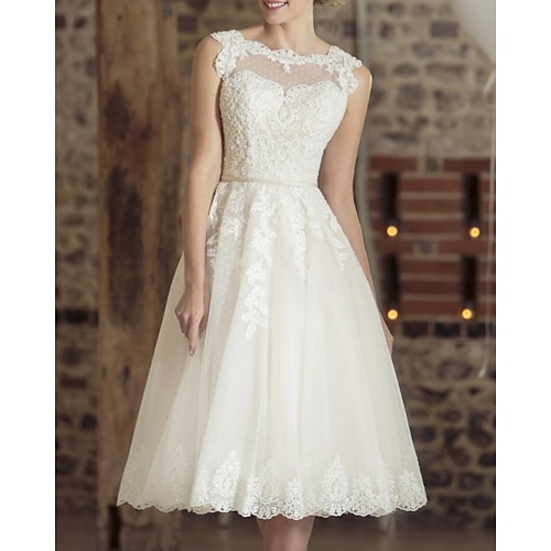 

A-Line Wedding Dresses Jewel Neck Knee Length Lace Tulle Cap Sleeve Vintage 1950s with Appliques 2022