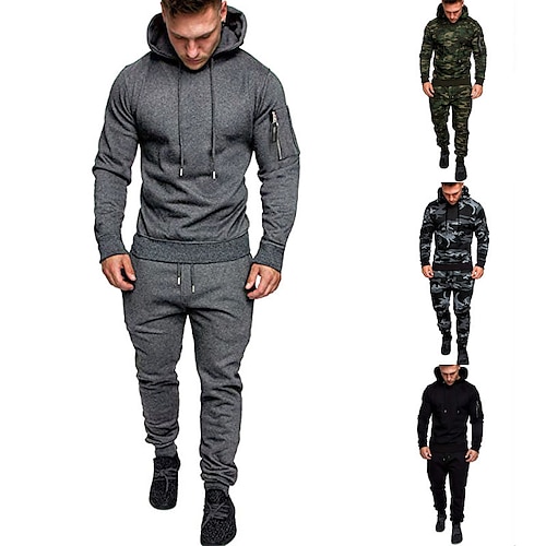 

Men's Tracksuit Sweatsuit 2 Piece Street Long Sleeve Cotton Thermal Warm Breathable Moisture Wicking Fitness Gym Workout Running Sportswear Activewear Dark Grey Camouflage Army Green Camouflage dark