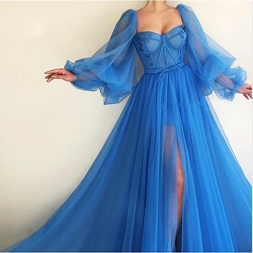 

A-Line Corsets Luxurious Elegant Engagement Formal Evening Birthday Dress Scoop Neck Long Sleeve Sweep / Brush Train Tulle with Pleats Slit 2022