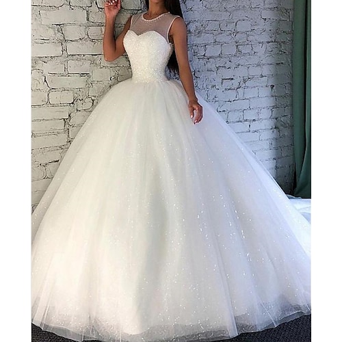 

Ball Gown Wedding Dresses Jewel Neck Sweep / Brush Train Tulle Sleeveless Formal with Beading 2022