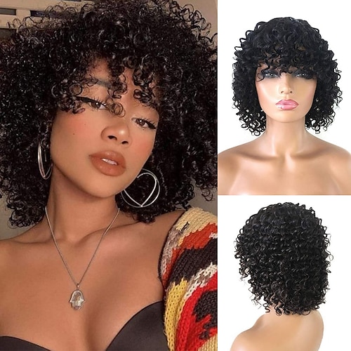 

Remy Human Hair Wig Short Curly Afro Curly Bob With Bangs Natural Black Women Easy dressing Lovely Capless Brazilian Hair Women's Girls' Natural Black #1B 12 inch Christmas Gifts Daily Wear Party