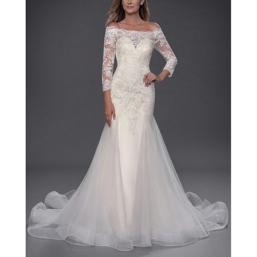 

Mermaid / Trumpet Wedding Dresses Off Shoulder Chapel Train Lace Tulle 3/4 Length Sleeve Simple with Appliques 2022