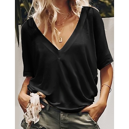 

Women's T shirt Shirt Plain Solid Colored V Neck Basic Casual Tops Loose Blue Blushing Pink Black