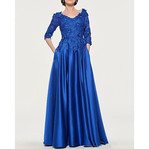 

A-Line Mother of the Bride Dress Elegant V Neck Floor Length Satin Lace 3/4 Length Sleeve with Pleats Appliques 2022