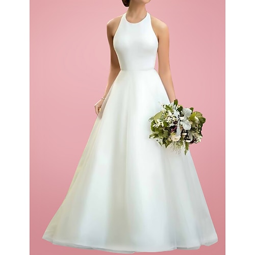 

A-Line Wedding Dresses Jewel Neck Floor Length Satin Tulle Sleeveless Simple with 2022