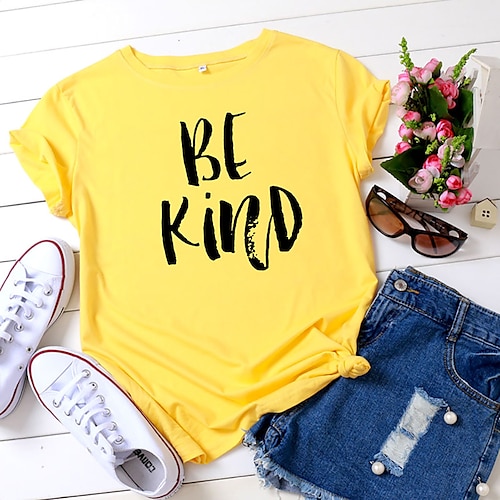 

T shirt Tee Femme Blanche Jaune Vert Claire Graphic Lettre Imprimer Manche Courte du quotidien Fin de semaine basique Col Rond Normal 100% Coton Standard Etre gentil S