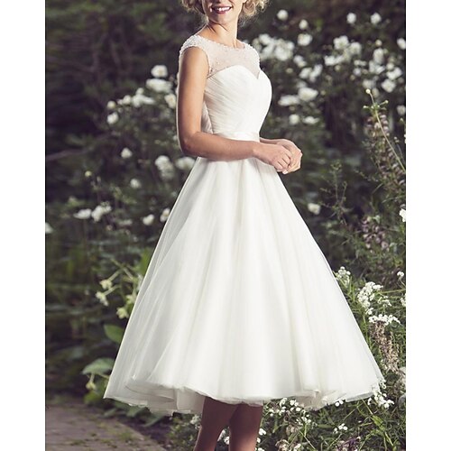 

A-Line Wedding Dresses Jewel Neck Knee Length Chiffon Tulle Short Sleeve Vintage 1950s with 2022