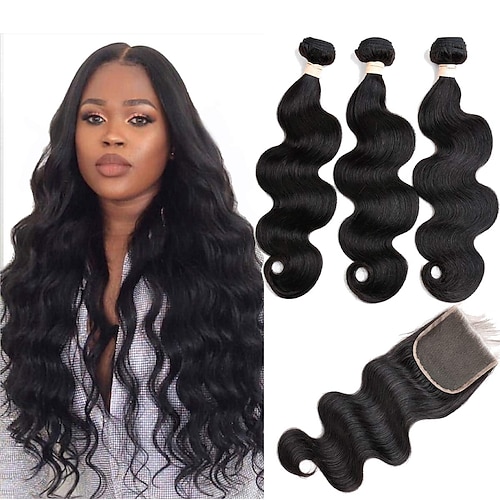 

3 Bundles with Closure Hair Weaves Brazilian Hair Body Wave Human Hair Extensions Remy Human Hair 100% Remy Hair Weave Bundles 345 g Natural Color Hair Weaves / Hair Bulk Human Hair Extensions 8-20