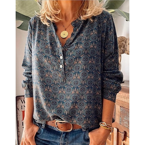 

Mujer Camisa Blusa Vino Azul polvoriento Morado Floral Geométrico Botón Manga Larga Casual Diario Estilo Bohemio Cuello Camisero Holgado Boho S