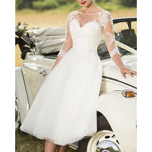 

A-Line Wedding Dresses Jewel Neck Knee Length Lace Tulle Long Sleeve Vintage 1950s with Appliques 2022