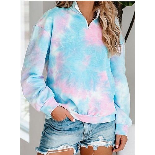 

Women's Hoodie Pullover Casual Quarter Zip Blue Pink Light Blue Tie Dye Loose Fit Round Neck S M L XL XXL / Oversized