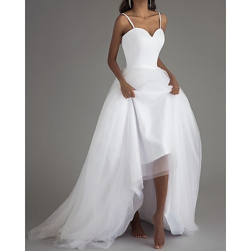 

A-Line Wedding Dresses Sweetheart Neckline Court Train Satin Tulle Sleeveless Simple Beach with 2022