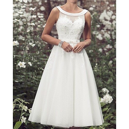 

A-Line Wedding Dresses Jewel Neck Knee Length Lace Tulle Sleeveless Vintage with Sashes / Ribbons Appliques 2022