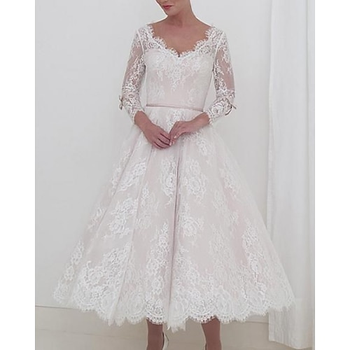 

A-Line Wedding Dresses V Neck Ankle Length Lace Long Sleeve Vintage 1950s with Sashes / Ribbons 2022
