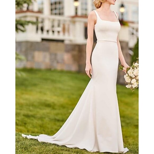 

Mermaid / Trumpet Wedding Dresses Scoop Neck Court Train Stretch Satin Sleeveless Simple Vintage with Sashes / Ribbons 2022