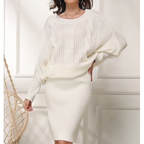 

Women's Sweater Dress Winter Dress Green White Long Sleeve Winter Fall Crew Neck Hot Casual S M L XL