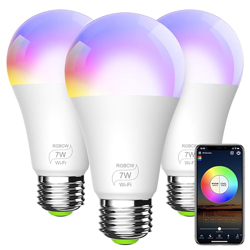 

3pcs 7W Smart LED Light Bulb A19 E26 RGBCW WiFi Dimmable Color Changing Work with Alexa Google Home and IFTTT (No Hub Required) 70W Halogen Bulb Replacement