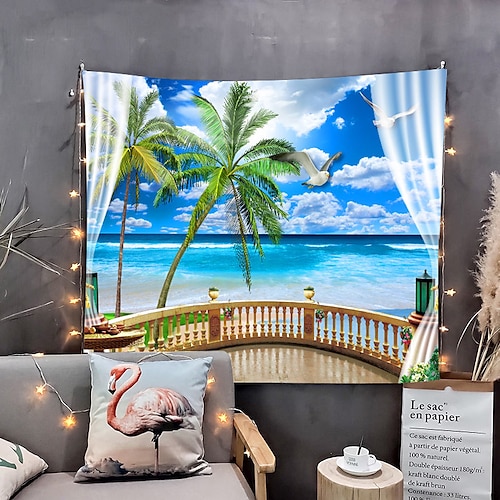 

Window Landscape Wall Tapestry Art Decor Blanket Curtain Picnic Tablecloth Hanging Home Bedroom Living Room Dorm Decoration Polyester Sea Ocean Beach Palm Animal