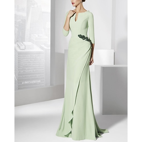 

Sheath / Column Mother of the Bride Dress Elegant V Neck Sweep / Brush Train Chiffon 3/4 Length Sleeve with Sash / Ribbon 2022