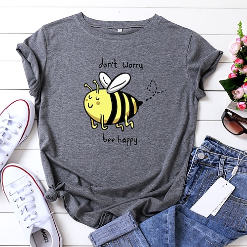 

Women's T shirt Tee 100% Cotton Silver White Yellow Graphic Letter Print Short Sleeve Daily Weekend Basic Round Neck Regular 100% Cotton Don't Worry Be Happy S
