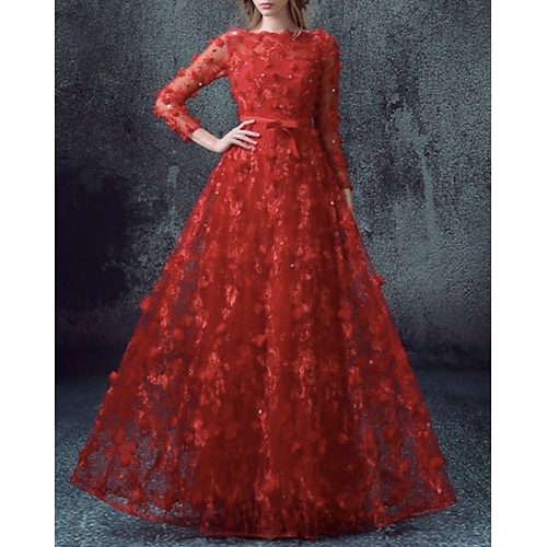 

A-Line Glittering Elegant Floral Engagement Formal Evening Valentine's Day Dress Jewel Neck 3/4 Length Sleeve Floor Length Tulle with Sequin Appliques 2022