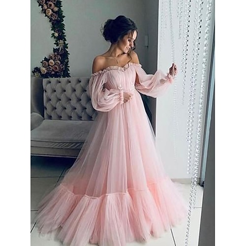 

A-Line Minimalist Elegant Engagement Prom Dress Off Shoulder Long Sleeve Floor Length Tulle with Pleats Appliques 2022