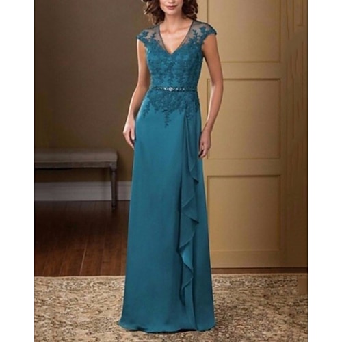 

Sheath / Column Mother of the Bride Dress Elegant V Neck Floor Length Chiffon Lace Short Sleeve with Sash / Ribbon Embroidery 2022