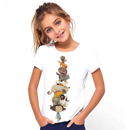 

Kids Girls' T shirt Animal Short Sleeve Basic White