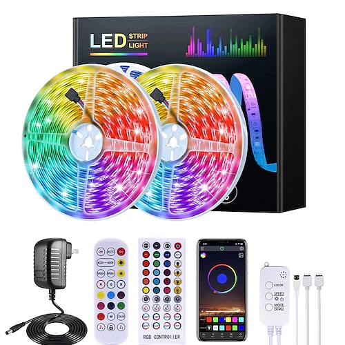 RGB LED Strip Light 20M 65ft Waterproof Music Sync 12V 5050 SMD Color Changing Bluetooth Controller 100-240V Adapter for Bedroom Home TV Back Light DIY Deco