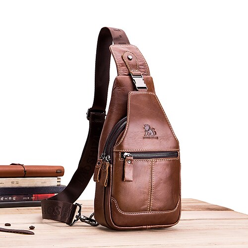 

Men's Messenger Bag Sling Shoulder Bag Chest Bag Nappa Leather Zipper Holiday Outdoor Dark Brown Black