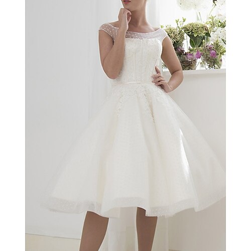 

A-Line Wedding Dresses Jewel Neck Knee Length Lace Tulle Sleeveless Vintage 1950s with Appliques 2022