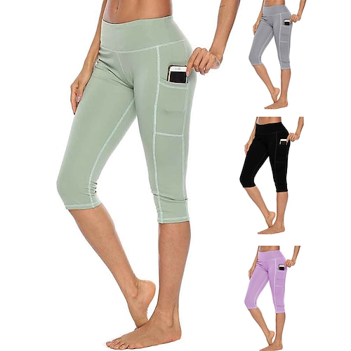 

Women's High Waist Yoga Pants Side Pockets Capri Leggings Bottoms Tummy Control Butt Lift 4 Way Stretch Green Purple Gray Yoga Fitness Gym Workout Summer Sports Activewear Stretchy