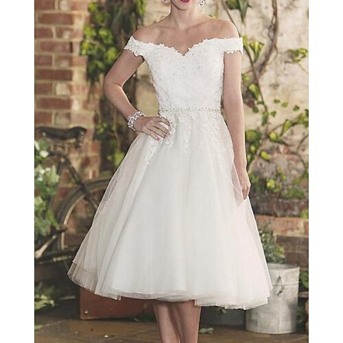 

A-Line Wedding Dresses Off Shoulder Knee Length Lace Tulle Sleeveless Vintage 1950s with Sashes / Ribbons 2022