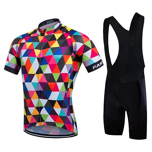 

21Grams Men's Cycling Jersey with Bib Shorts Short Sleeve Road Bike Cycling Multi color Rainbow Geometic Bike Jersey Bib Tights Clothing Suit Breathable Quick Dry Back Pocket Lycra Sports Rainbow