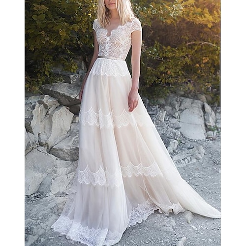 

A-Line Wedding Dresses V Neck Court Train Lace Tulle Short Sleeve Country with Sashes / Ribbons 2022