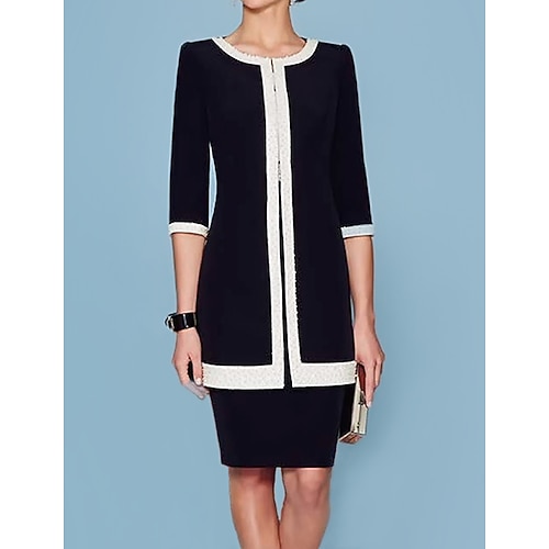 

Two Piece Sheath / Column Mother of the Bride Dress Elegant Jewel Neck Knee Length Satin 3/4 Length Sleeve with Color Block 2022