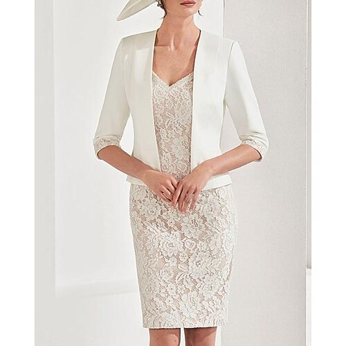 

Two Piece Sheath / Column Mother of the Bride Dress Elegant V Neck Knee Length Satin Lace 3/4 Length Sleeve with Appliques 2022