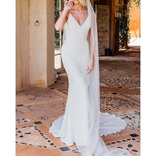 

Sheath / Column Wedding Dresses V Neck Court Train Chiffon Sleeveless Simple with 2022