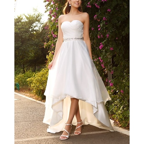 

A-Line Wedding Dresses Strapless Asymmetrical Satin Tulle Sleeveless Beach with Sashes / Ribbons 2022