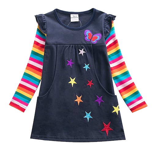 

Girls ' Manga Larga Galaxia Arco iris Jacquard Gráfico impreso en 3D Vestidos Activo Dulce Hasta la Rodilla Algodón Vestido Mariposa Niños Ajuste regular Bordado Lazo