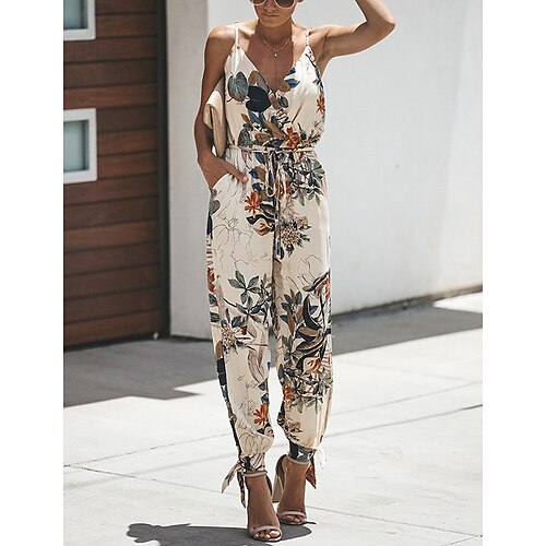 

Women's Sexy Casual Daily V Neck 2022 White Black Wine Jumpsuit Floral Drawstring / Harem